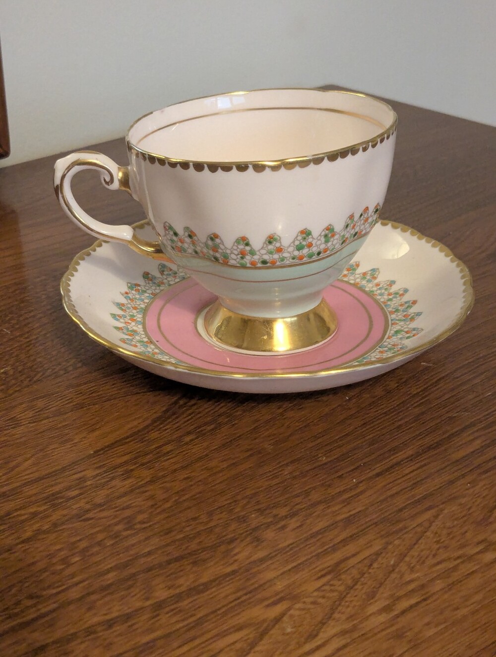Vintage Pink & Green Vintage English Bone China Teacup & Saucer With Gold Trim